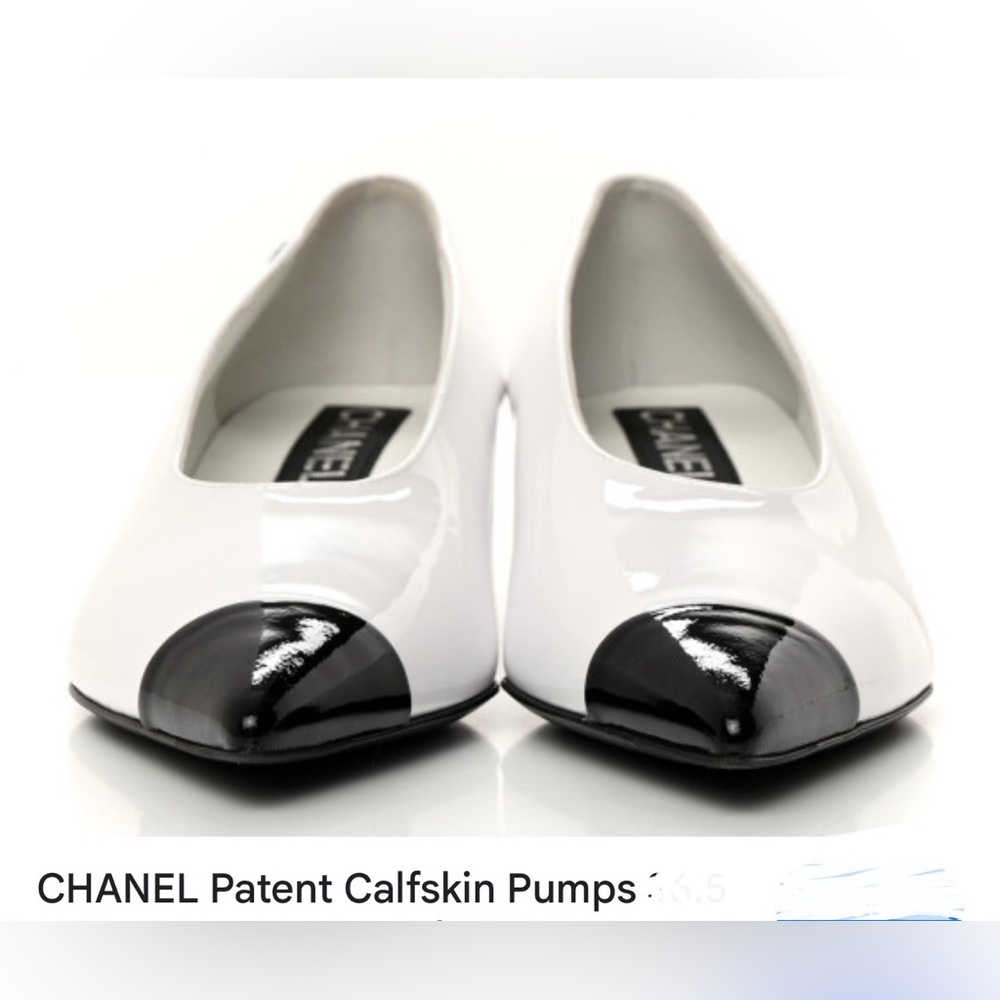 New CHANEL Black and White Patent Calfskin Heels 37.5 - Picture 14 of 16
